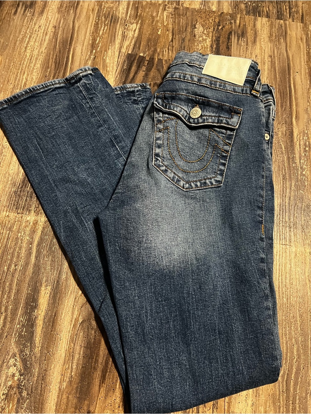 Women’s True Religion BECCA Mid Rise Bootcut Jeans in Blue with Gold Stitching